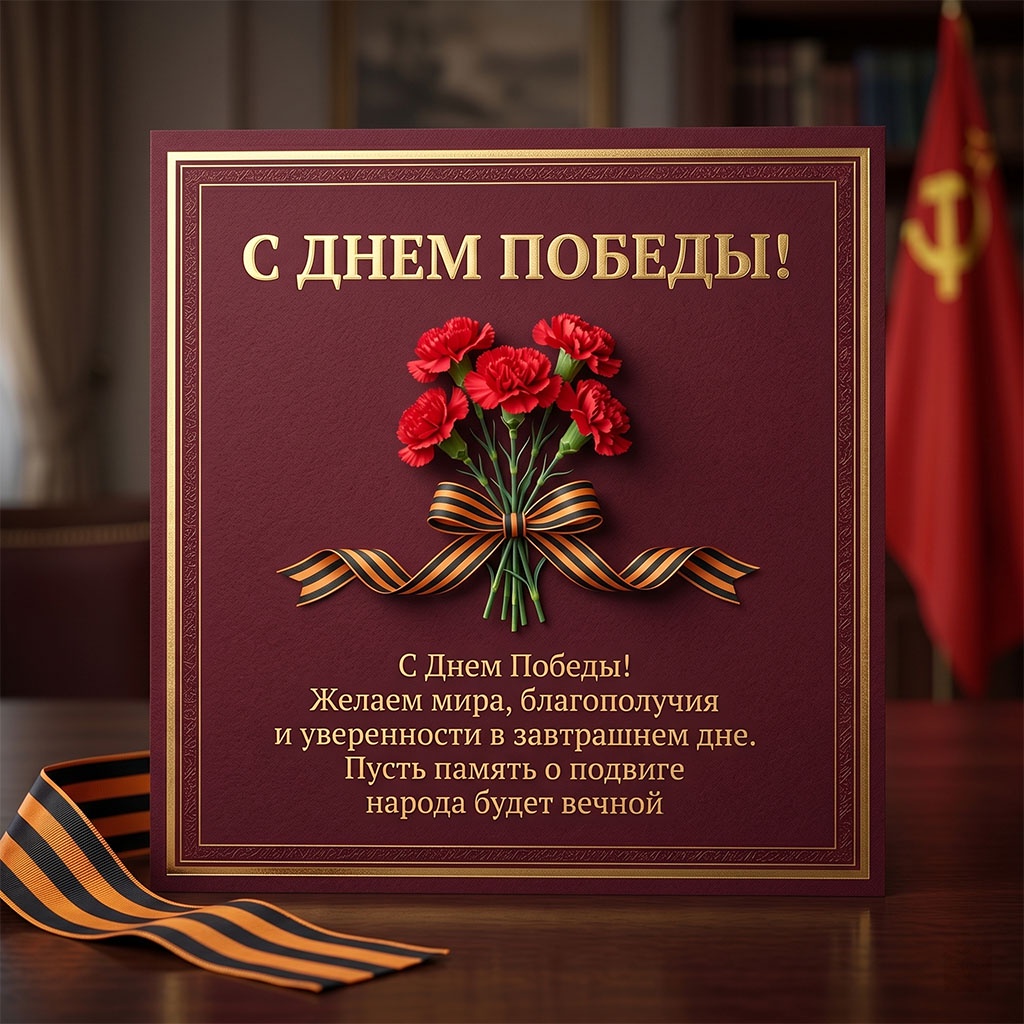 Темно-бордовый фон, гвоздики, георгиевская лента и поздравления - открытка ко Дню Победы.