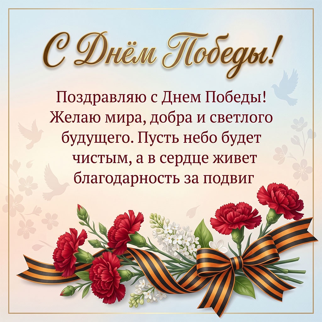 Открытка с поздравлениями с Днем Победы: цветы, георгиевская лента и пожелания мира и добра.