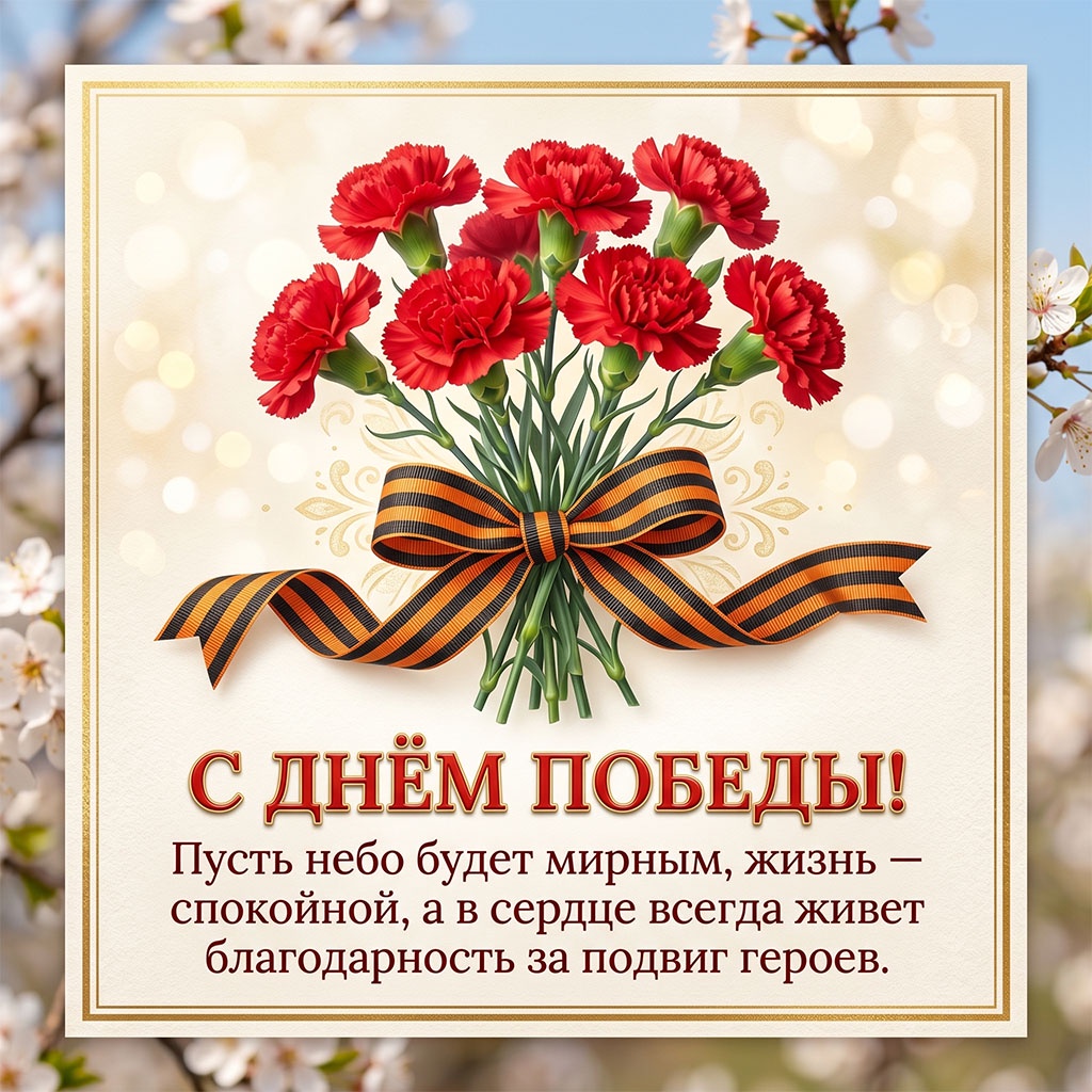 Открытки с Днем Победы: гвоздики, георгиевская лента, пожелания мира и добра.