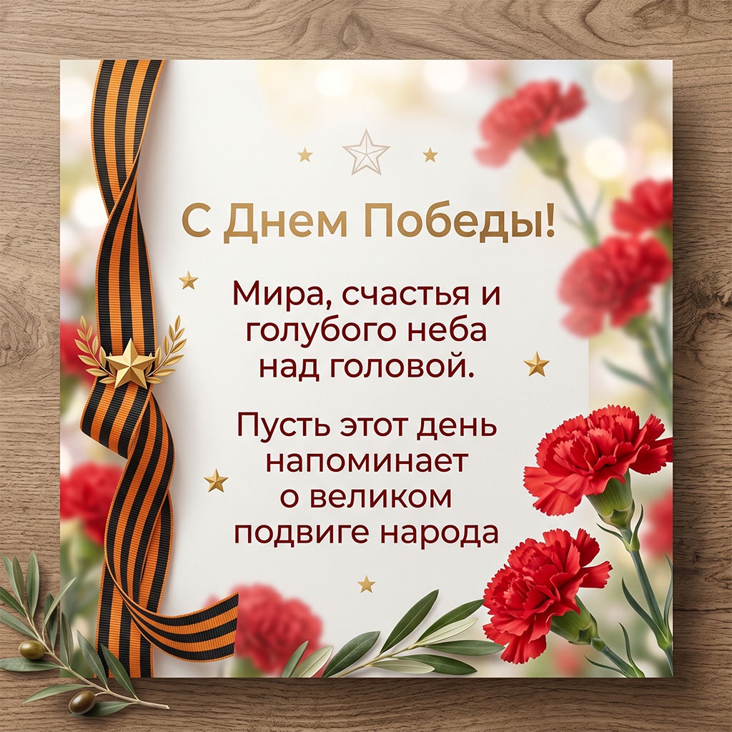 Открытка с Днем Победы на 9 Мая с пожеланием мира, счастья - с красными гвоздиками и оливковыми ветвями.