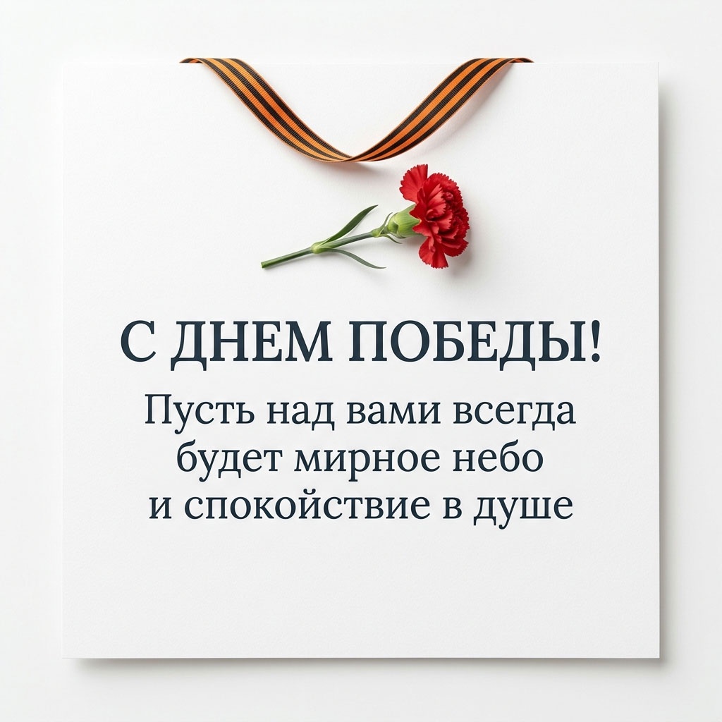 Лаконичная открытка к 9 Мая с поздравлениями: красная гвоздика и георгиевская лента на белом фоне.