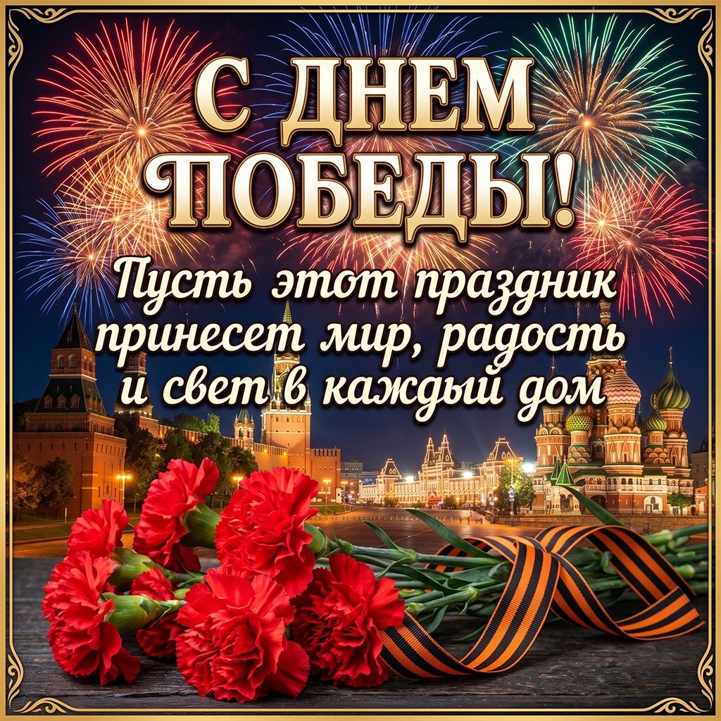 Открытка с Днем Победы на 9 мая: ночной вид Красной площади и праздничный салют.