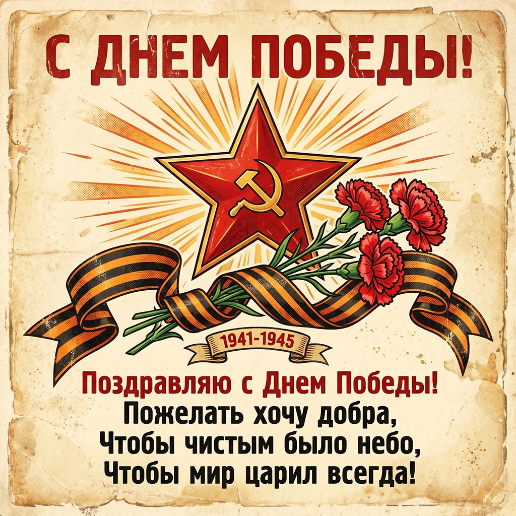 Ретрооткрытка с пожеланиями мира: красная звезда с серпом и молотом, букет красных гвоздик и георгиевская лента.