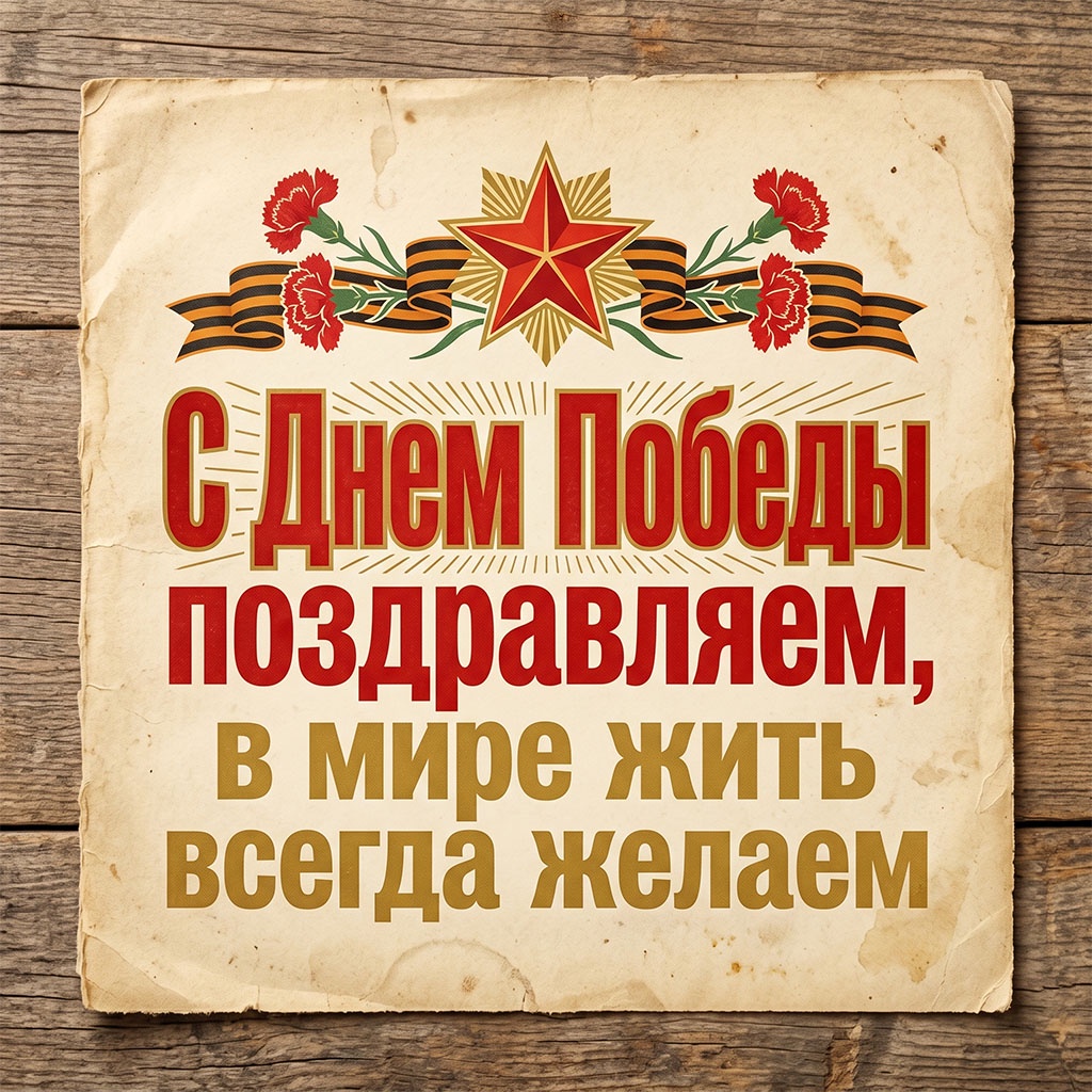 Ретрооткрытка к 9 Мая: красная звезда, георгиевская лента, красные гвоздики на состаренной бумаге.