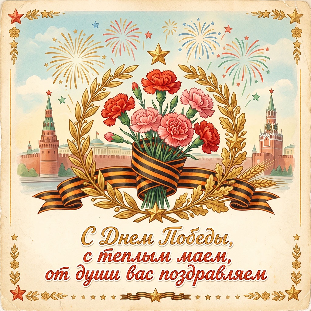 Ретрооткрытка 9 Мая: яркий букет гвоздик с георгиевской лентой в обрамлении лавровых венков на фоне салюта и башен Кремля.