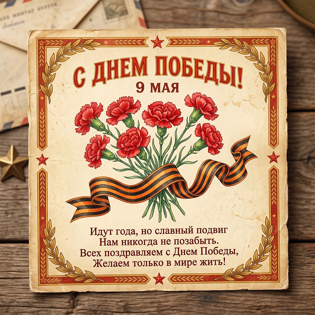 Ретрооткрытка: букет красных гвоздик с георгиевской лентой на кремовом фоне с красной и золотой каймой в виде лаврового венка.