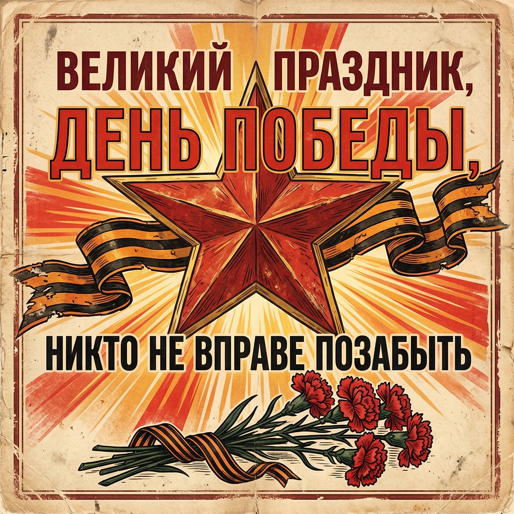 Открытка 9 Мая в ретростиле: красная звезда, георгиевская лента, гвоздики на оранжевом фоне.