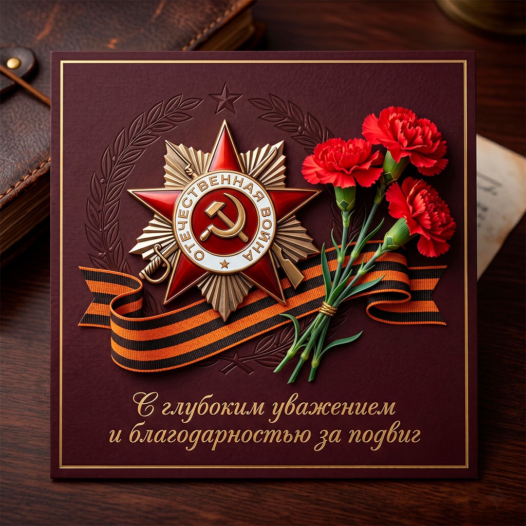 Памятная открытка ко Дню Победы: орден Отечественной войны на темно-красном фоне с георгиевской лентой и букетом красных гвоздик.