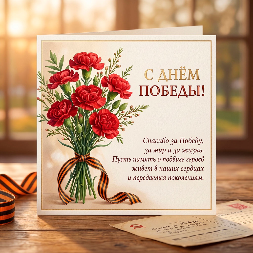 Открытки с поздравлениями: на теплом солнечном фоне открытка с красными гвоздиками, перевязанными георгиевской лентой.