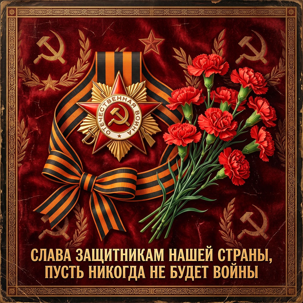 Праздничная ретрооткрытка на День Победы: орден Отечественной войны и букет красных гвоздик на темно-красном фоне.