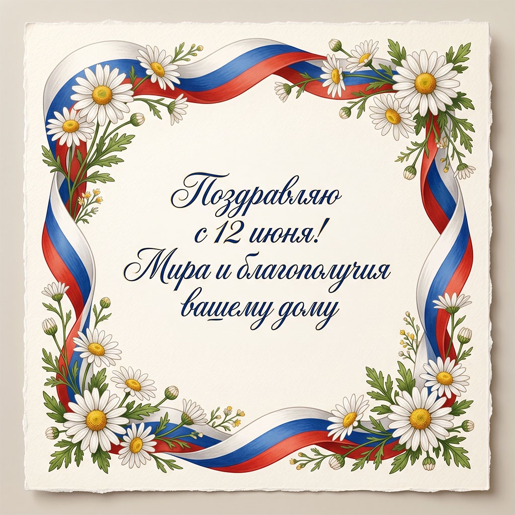 Открытка ко Дню России с полевыми ромашками и лентами цветов флага.