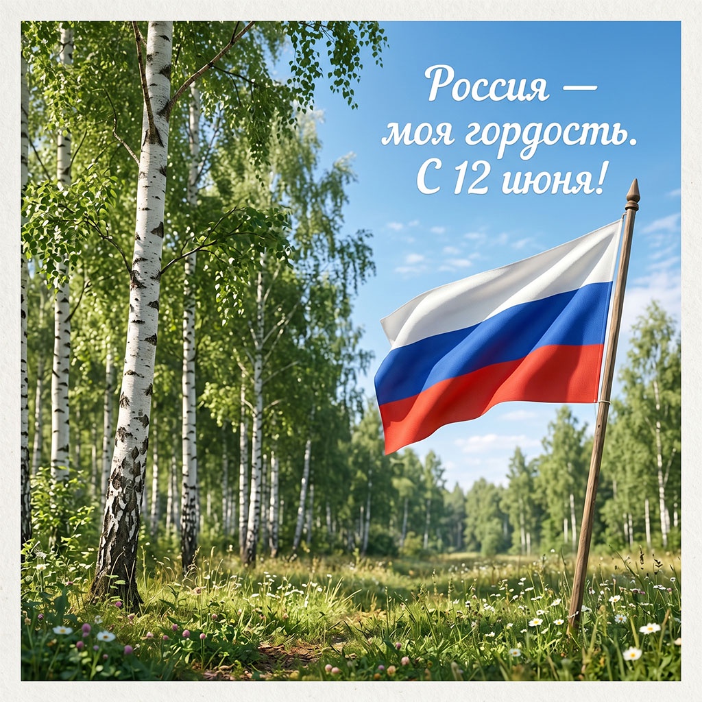 Красивая открытка на 12 июня: березовая роща и флаг.