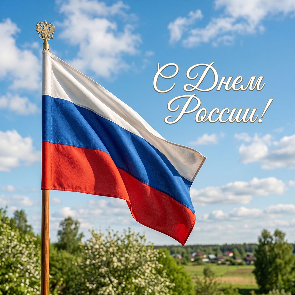 Красивая открытка ко Дню России. Флаг и герб на фоне голубого неба.