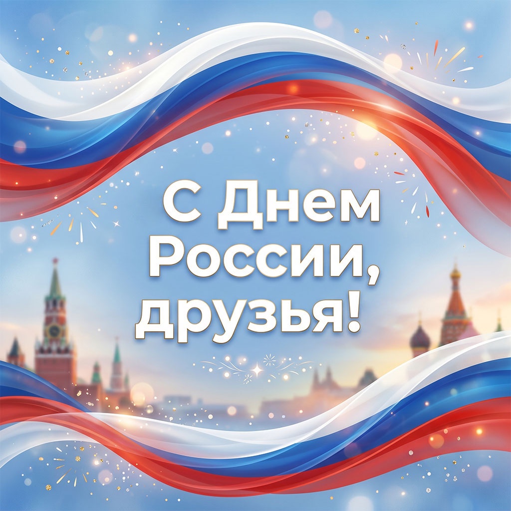 Красивая открытка к 12 июня. Кремль, башни, флаг России. 