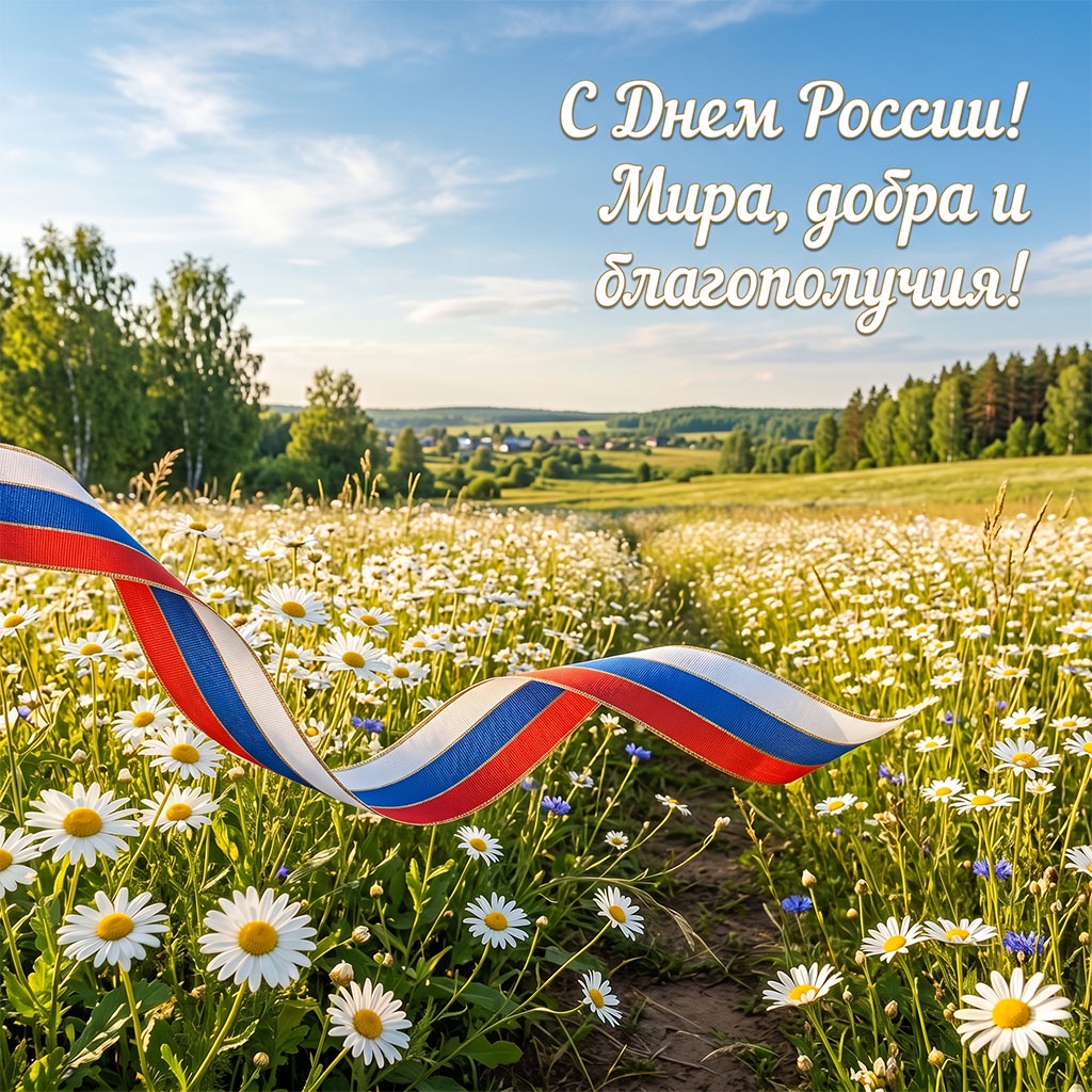 Красивая открытка на 12 июня: бескрайние российские поля и просторы.