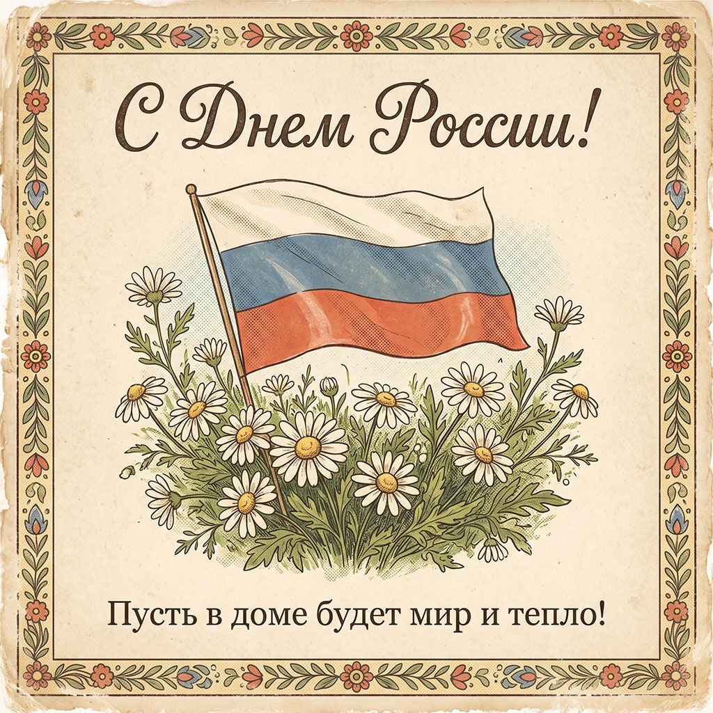 Ретрооткрытка ко Дню России. Ромашки и российский флаг.