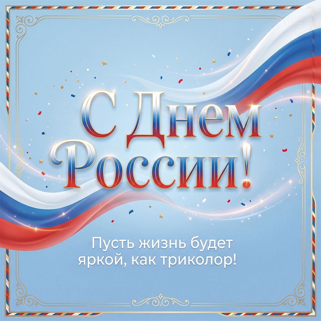 Поздравление с Днем России. Открытка в цветах триколора, голубой фон.