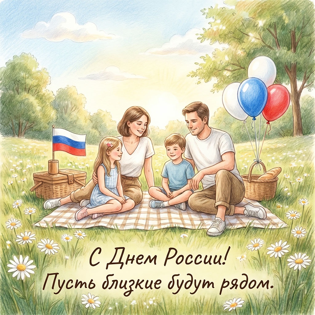 Семья на природе празднует День России. Красивая акварельная открытка.