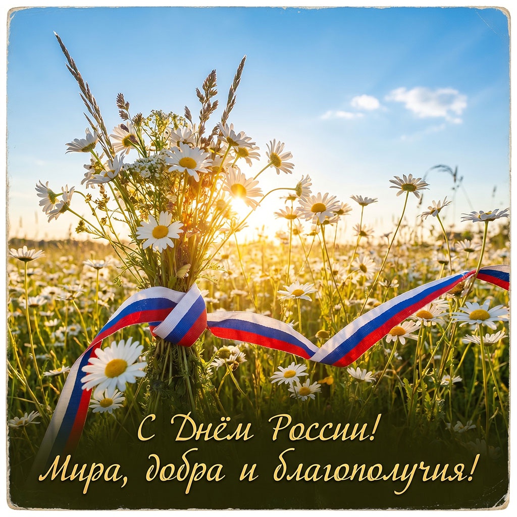 Букет ромашек с лентой в цветах флага на фоне ясного неба. Красивая открытка