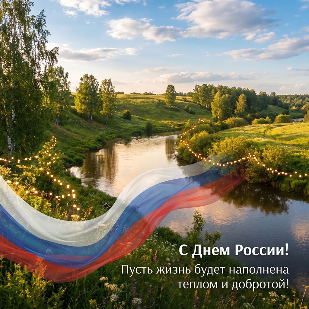 Поля, просторы, флаг России. Красивая открытка ко Дню России.
