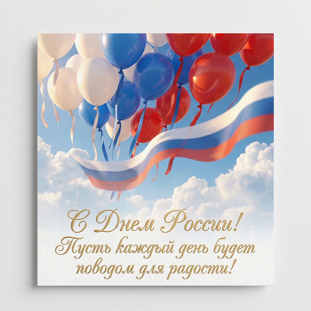 Красивая открытка на 12 июня с поздравлением и воздушными шарами.