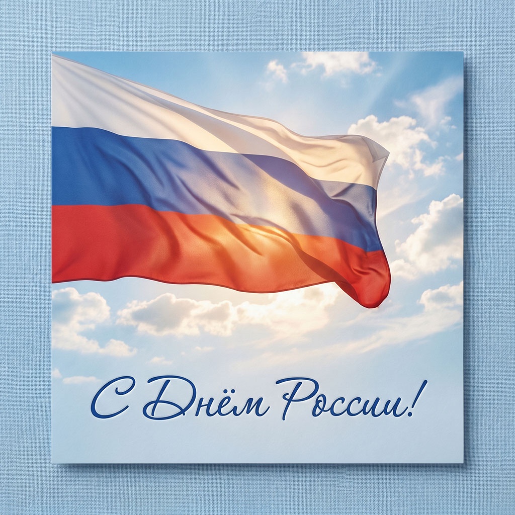 Торжественная открытка. Российский флаг на голубом небе.