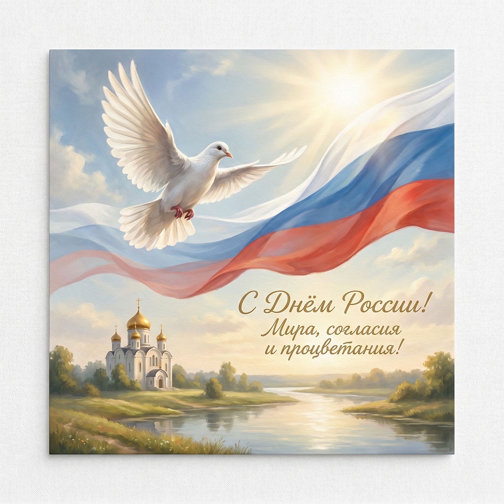 Белый голубь, флаг России и красивые пейзажи. Открытка ко Дню России.