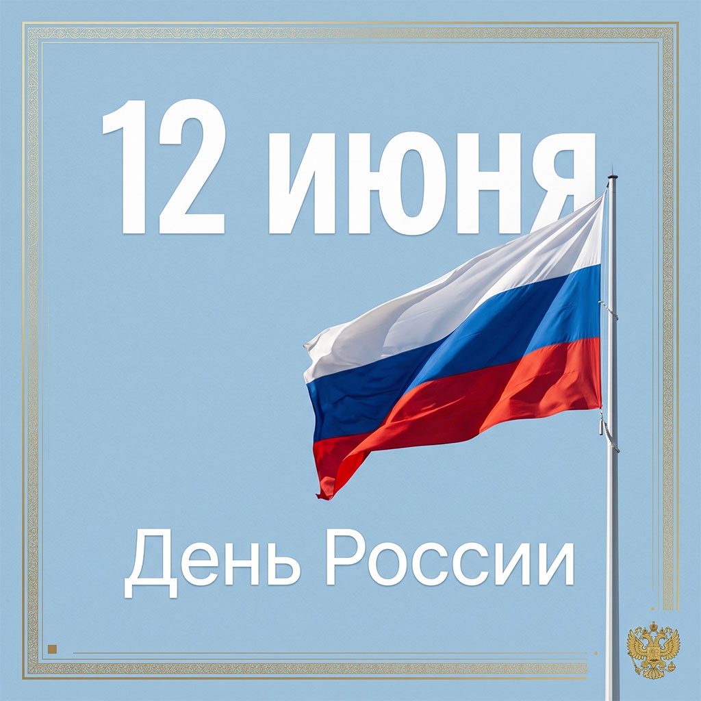 Флаг России на голубом фоне с золотым оформлением. Торжественно-деловой стиль.