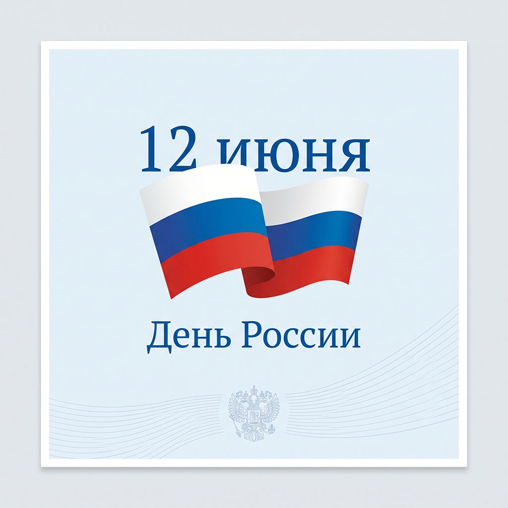 Официальная открытка на День России. Флаг, герб, голубое небо. Деловой стиль.