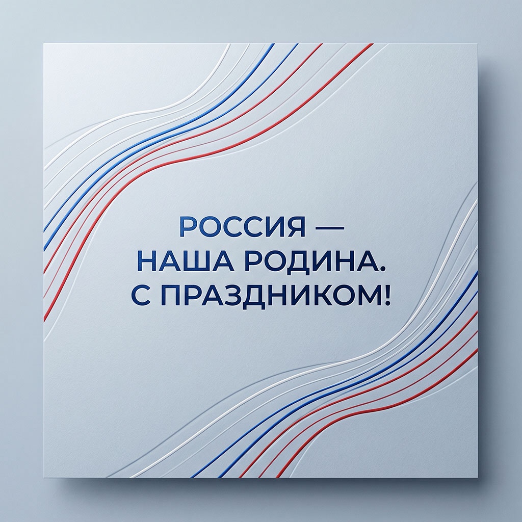 Стильная деловая открытка. Минимализм, серо-голубой фон, цвета российского флага.