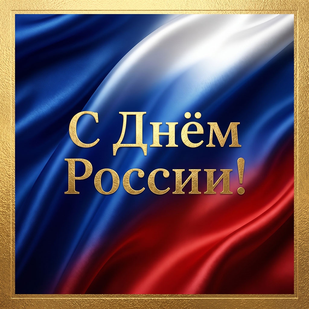 Яркая торжественная открытка с российским флагом. Оформление в золотых цветах.