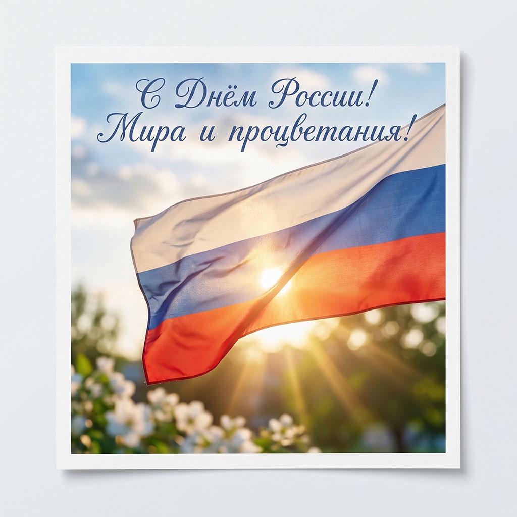 Открытка к 12 июня в официальном деловом стиле. Российский флаг на фоне цветущего сада.