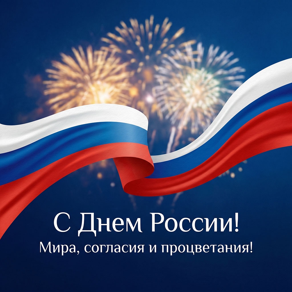 Российский флаг на синем небе и праздничный салют. Официальная открытка.