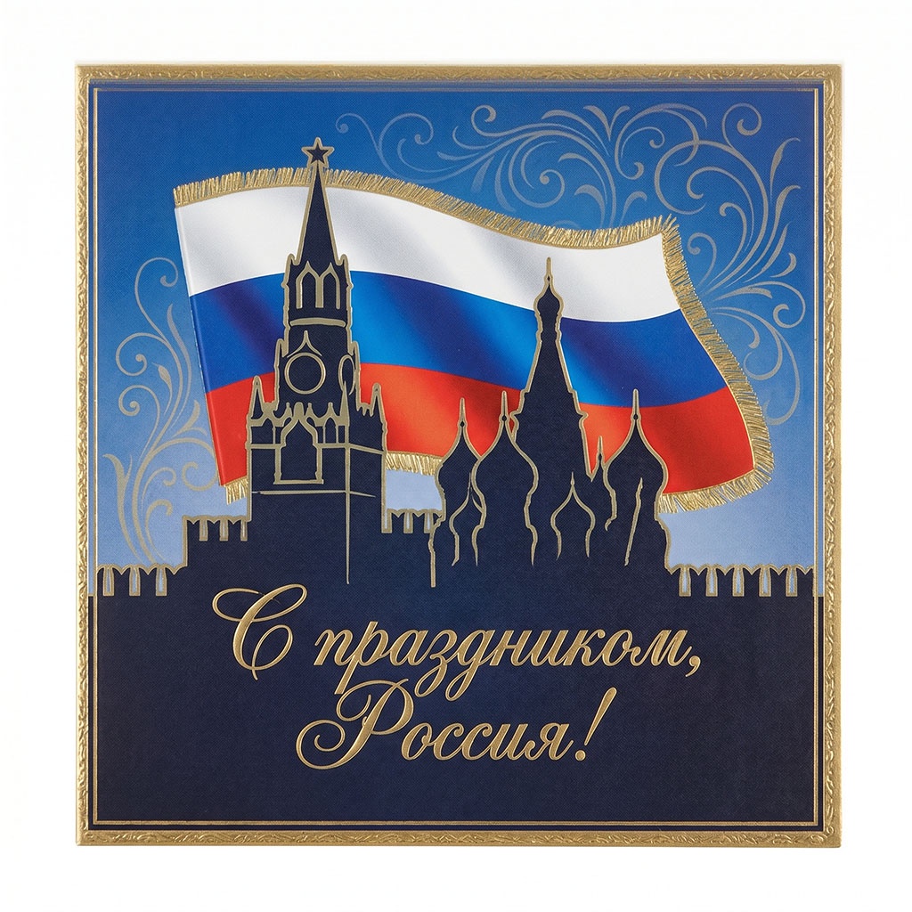 Открытка с золотым тиснением. Кремль и салют. Стилизованный дизайн. Открытка в деловом, официальном стиле.