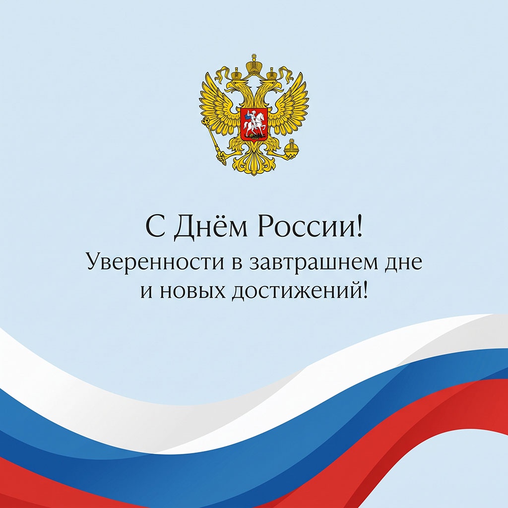Официальная открытка с Днем России. Герб на голубом фоне и развевающийся флаг. 