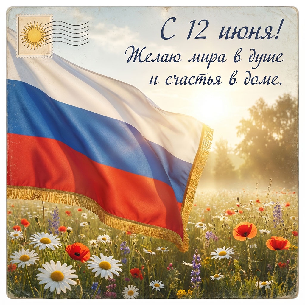 Поздравительная открытка ко Дню России. Рассветное небо, полевые цветы, флаг.
