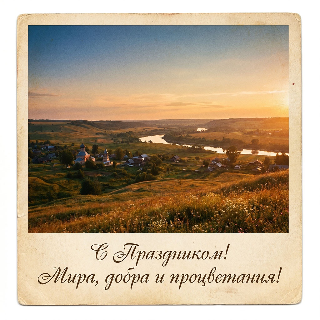 Поздравительная открытка. Ретростиль, бескрайние просторы, красивый рассвет.