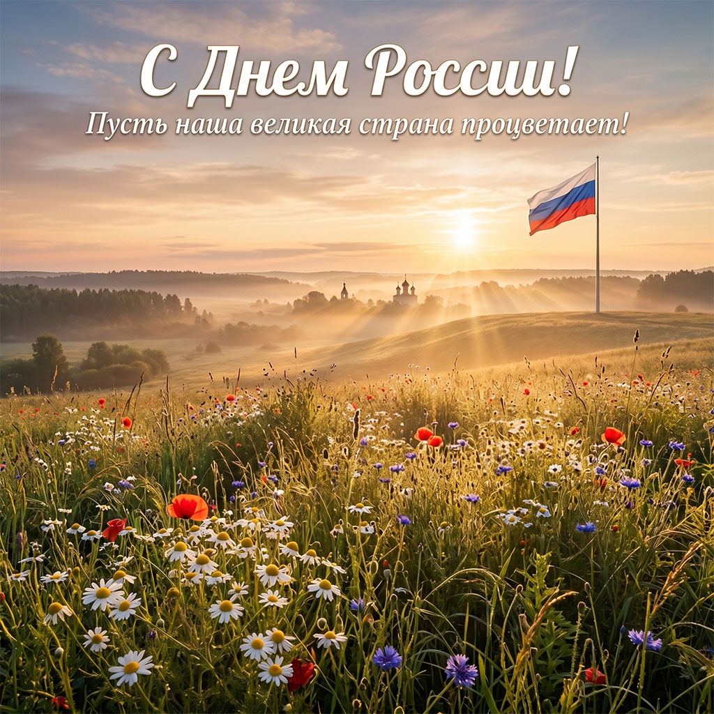 Открытка на День России: рассветное поле с цветами и флаг России.