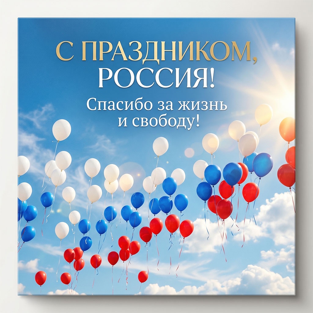 Яркая открытка на День России: воздушные шары в голубом небе.