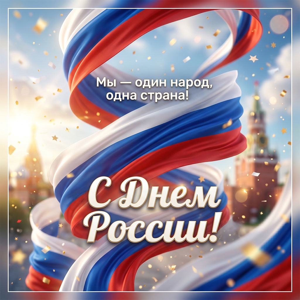 Развевающийся флаг, серпантин и Кремль. Красивая открытка с пожеланиями ко Дню России.