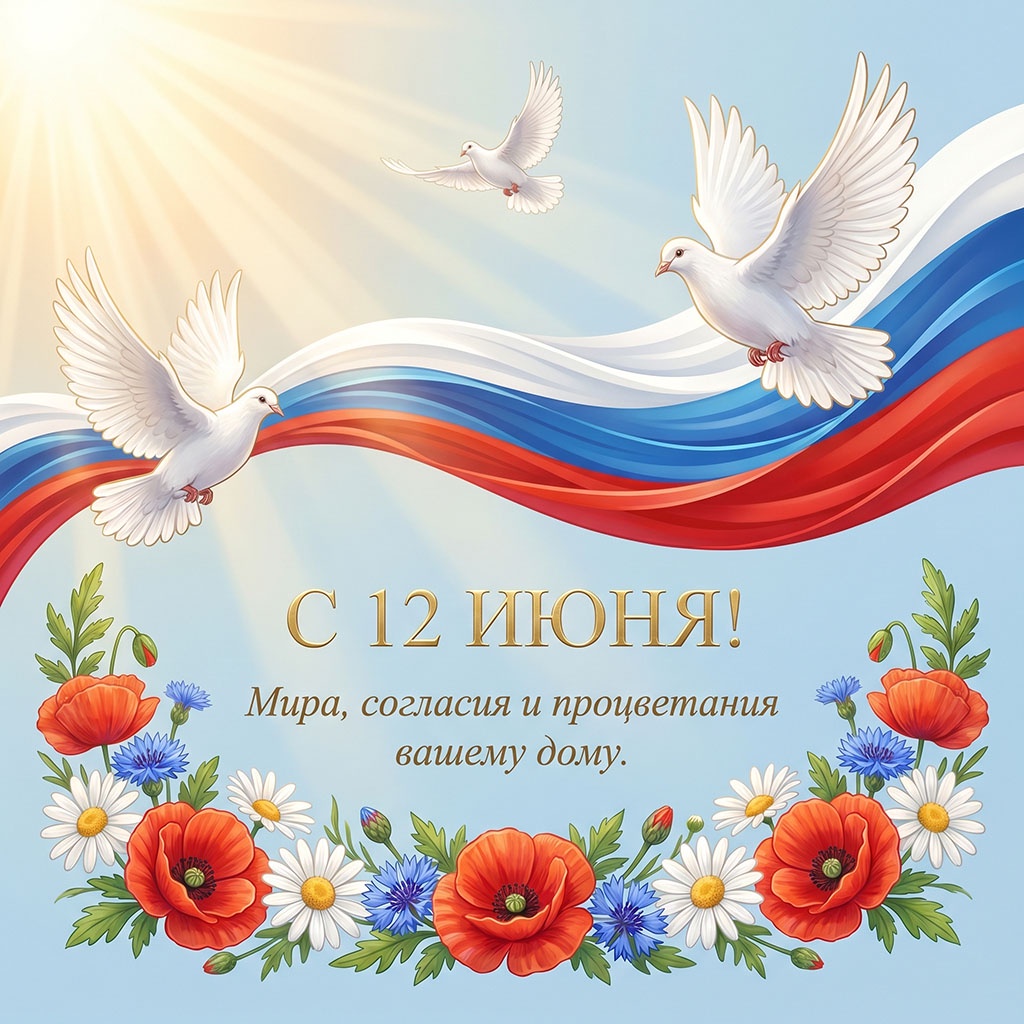 Голуби и полевые цветы. Поздравительная открытка на 12 июня.