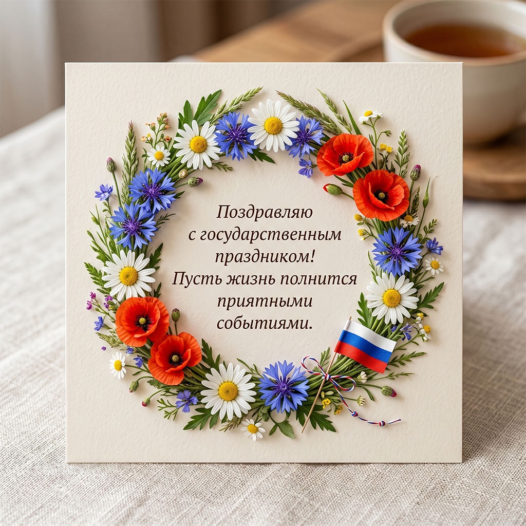 Ко Дню России: яркая открытка с венком из летних полевых цветов и поздравлениями.