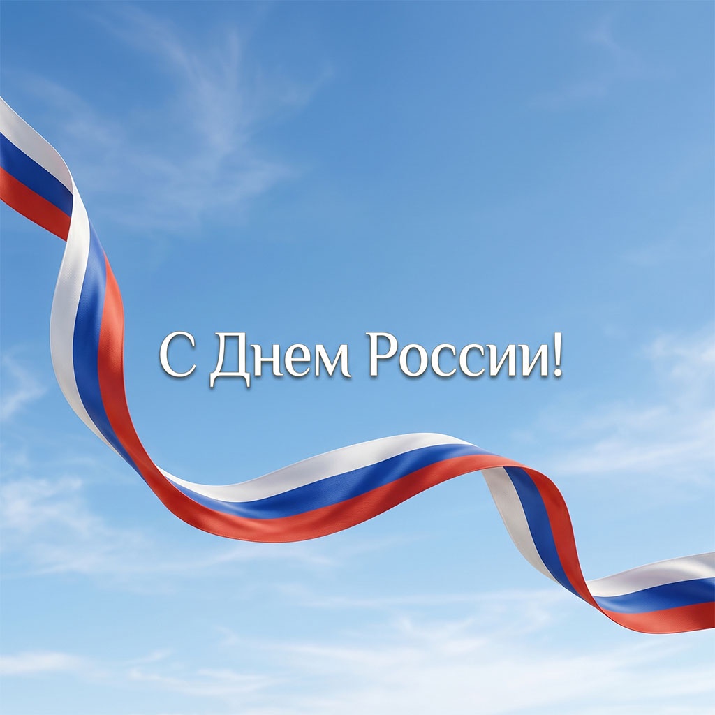 Открытка: лента цветов российского флага на голубом фоне. Лаконично и стильно.