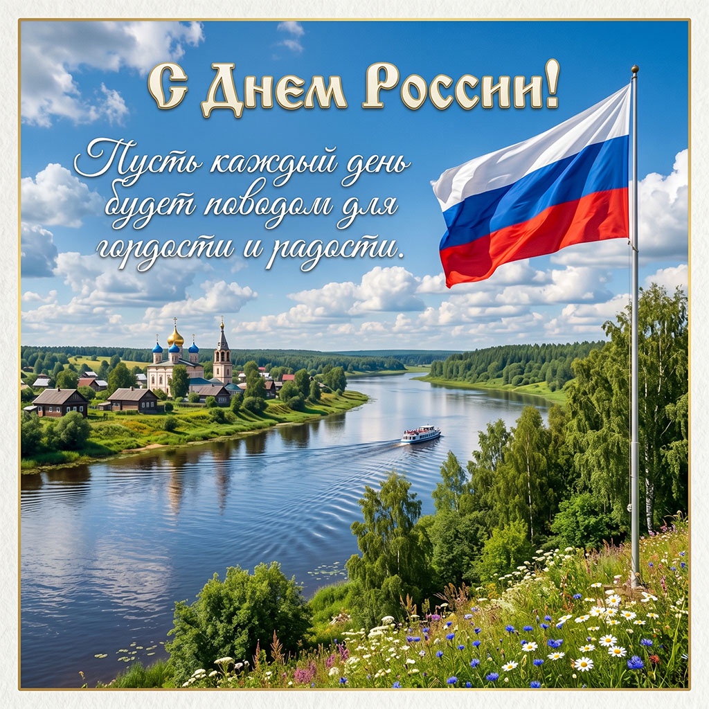 Россия, теплоход, поздравление. Открытка на 12 июня.