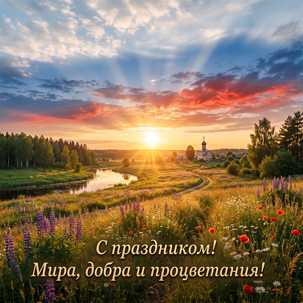Торжественный рассвет над полем и церковь. Открытка на 12 июня. Открытки с поздравлениями и пожеланиями.