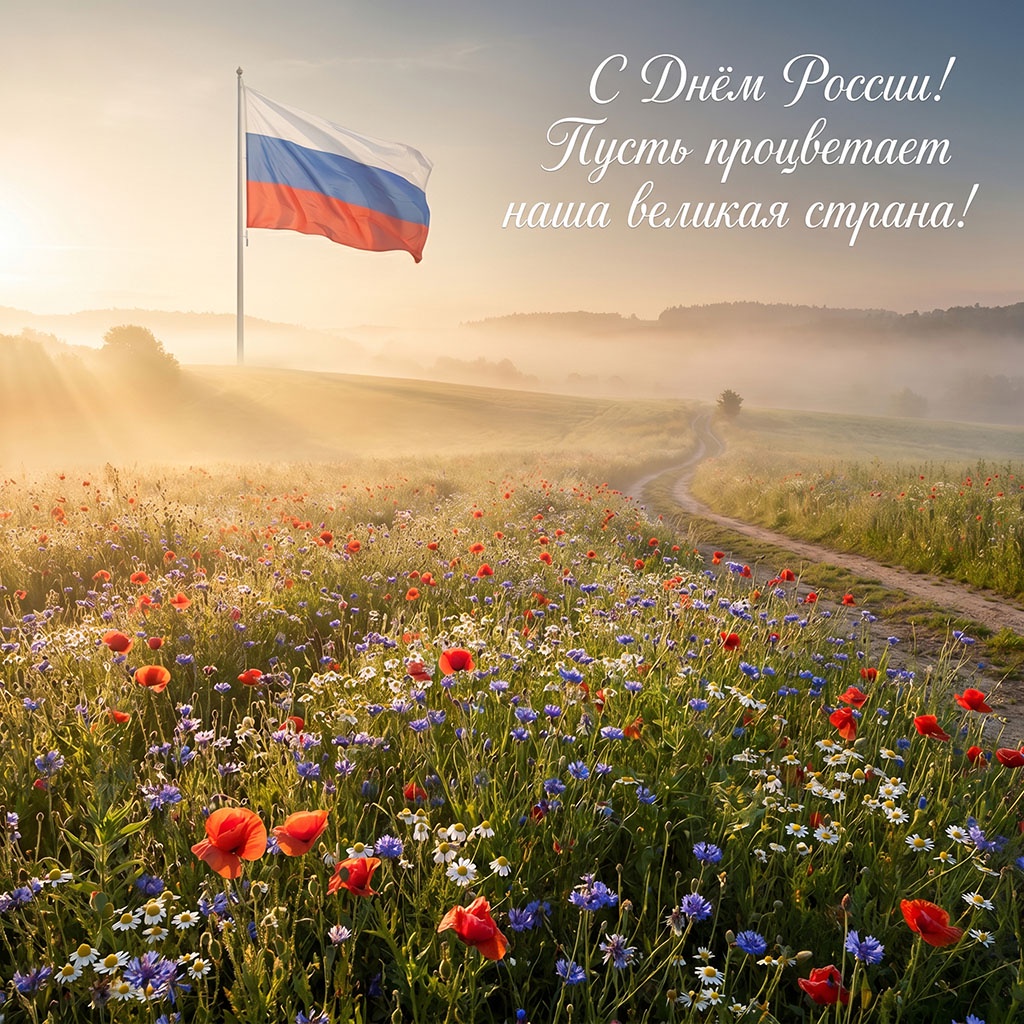 Рассветное поле с цветами и российский флаг. Поздравительная открытка ко Дню России.