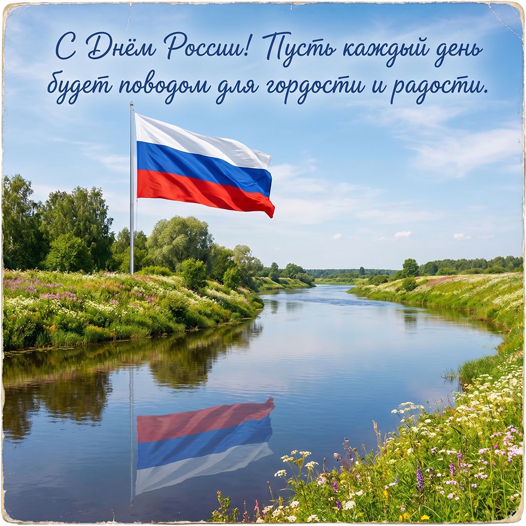Красивая речка и природа России. Открытка на 12 июня с душевными поздравлениями и пожеланиями.