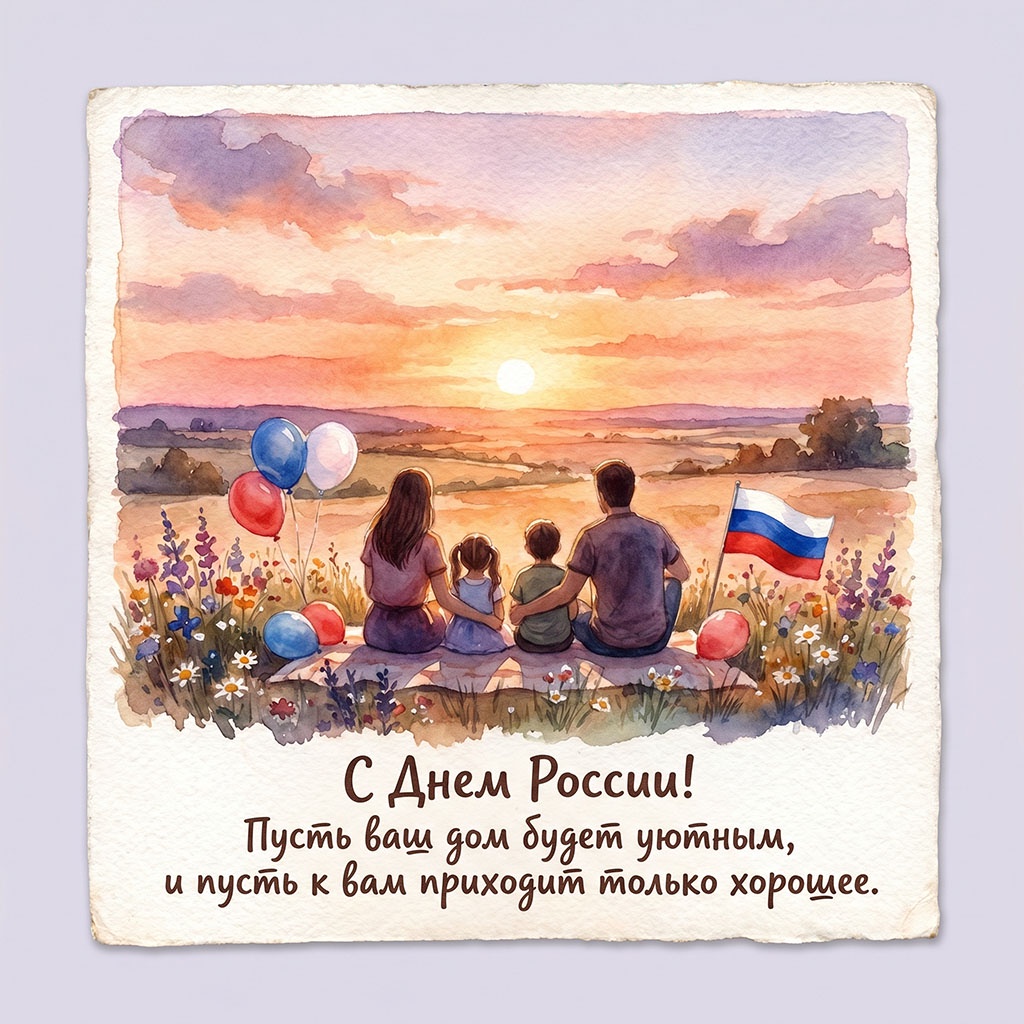 Открытка с пожеланиями к 12 июня. Акварель: семья встречает рассвет. Россия, природа, сердечность.