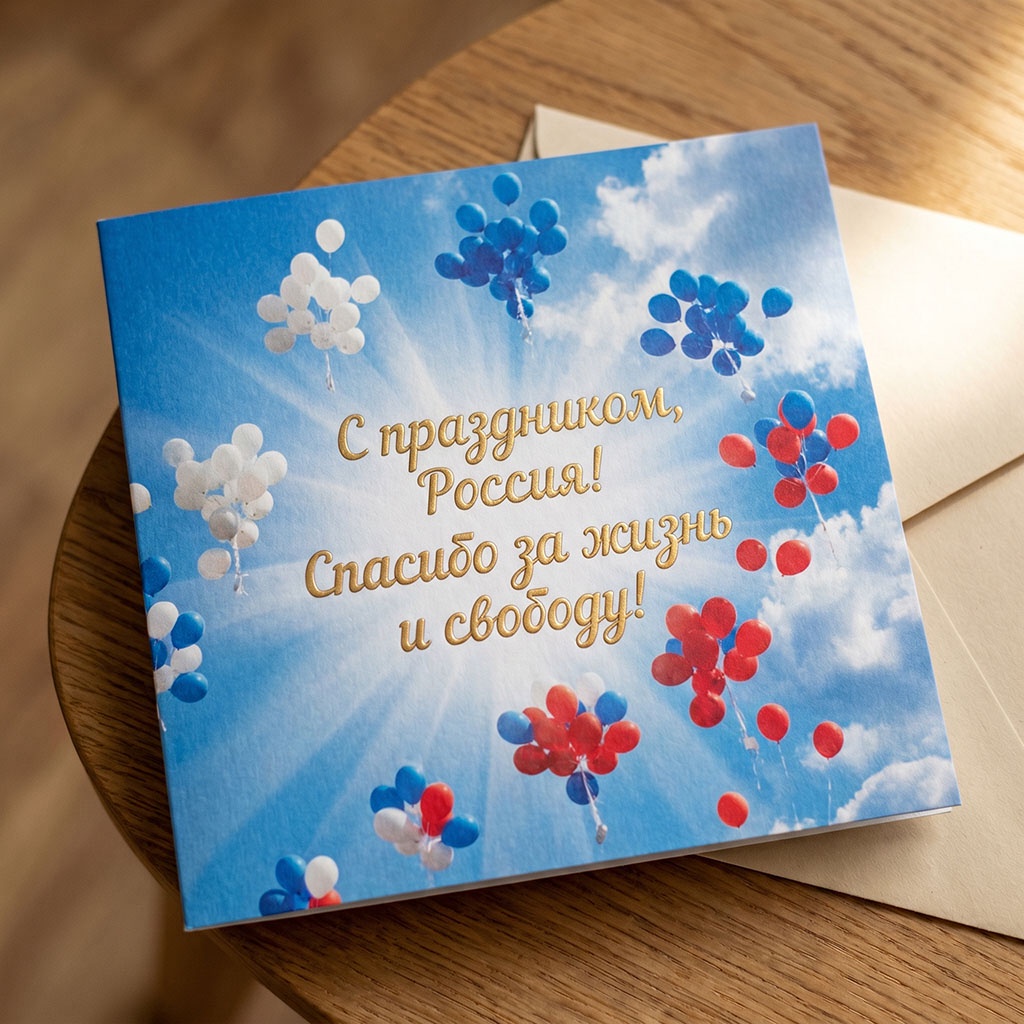 Поздравительная открытка с воздушными шарами на фоне неба и пожеланиями.