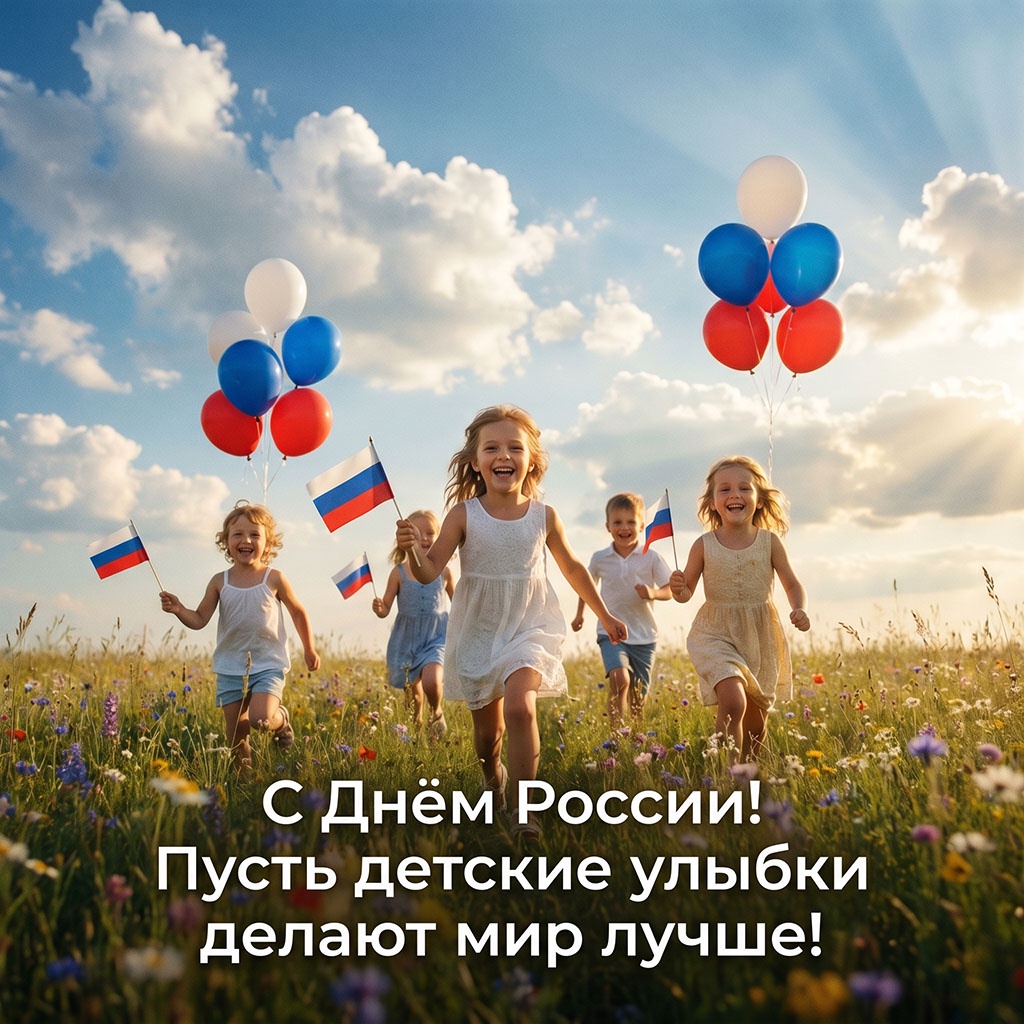 Радостные дети с флажками. Открытки ко Дню России: милые, прикольные.